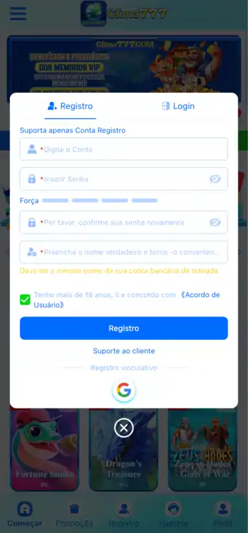 Registro no Clima777 Cassino
